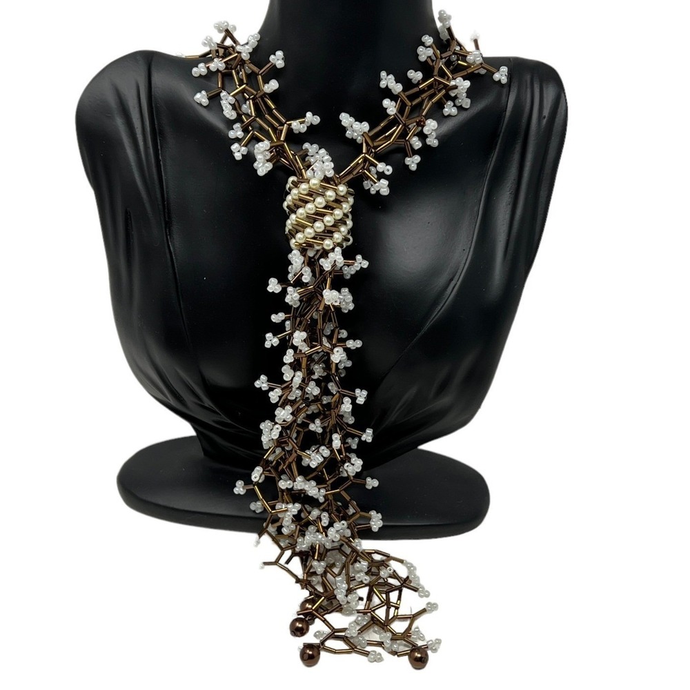 Copper Tone Necklace White Beads Tube Atom Pendant Knot‎ Unique